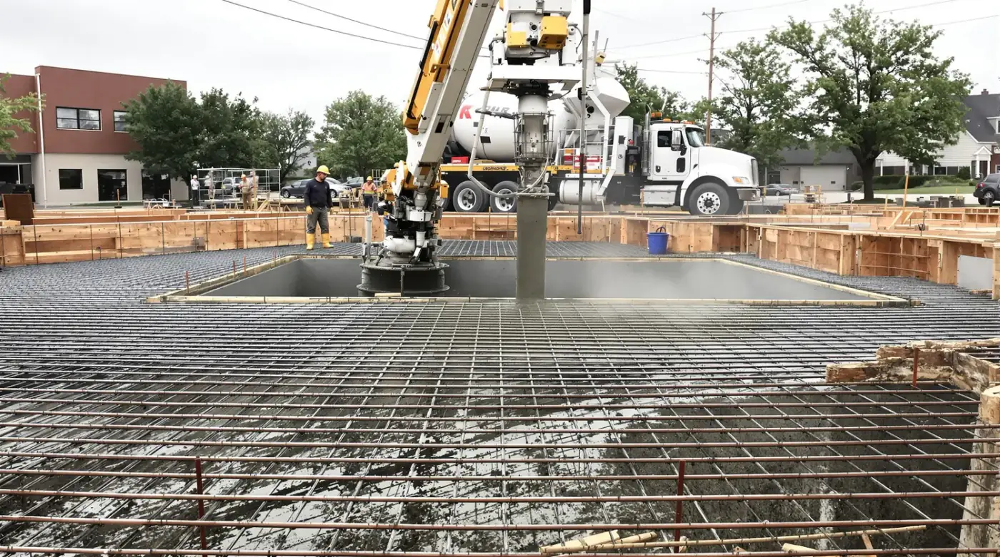 Commercial foundation pour with reinforced spread footings on a Kansas City construction site