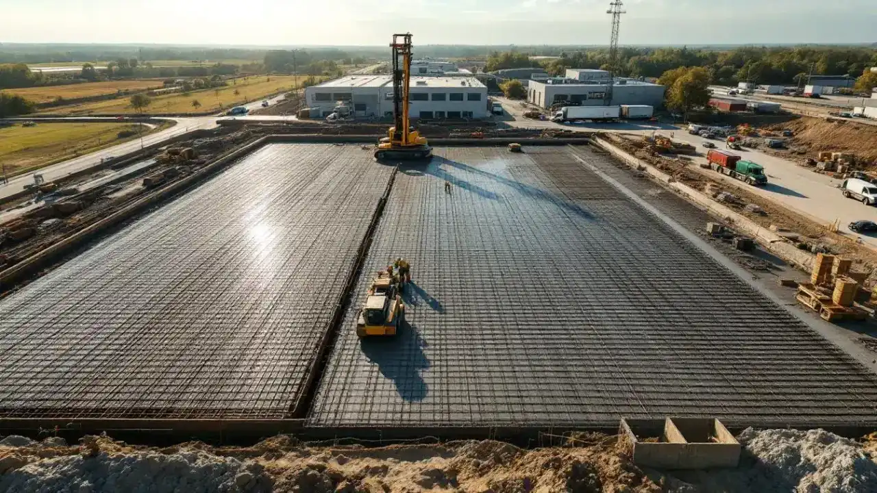 Commercial mat foundation pour with two-way rebar reinforcement on a Lee's Summit, MO construction site