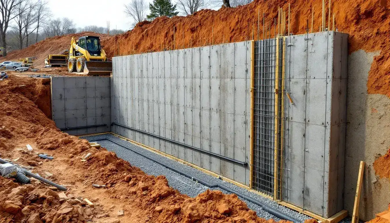 Retaining wall foundation footings and stem walls on a sloped commercial site in Lee's Summit, MO