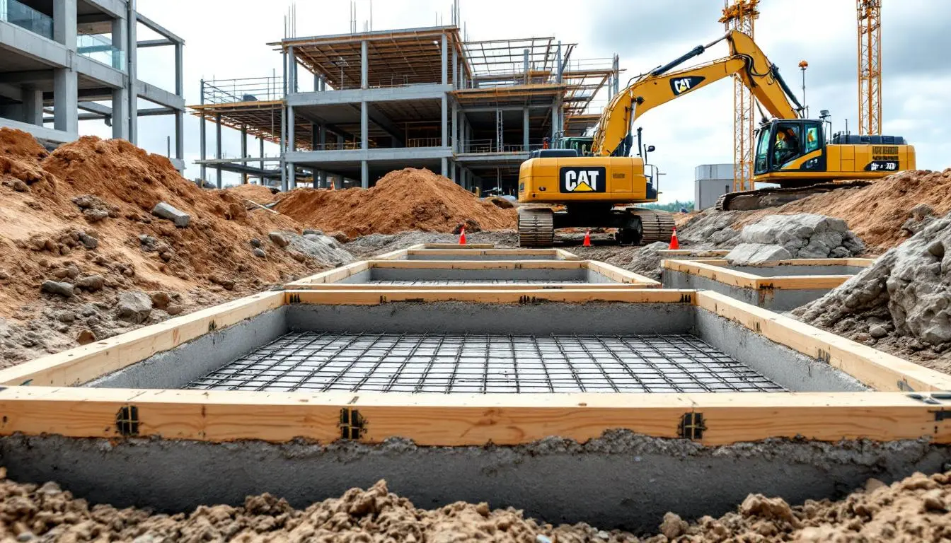 Commercial foundation spread footings and retaining wall reinforcement on a Lee's Summit, MO sloped construction site