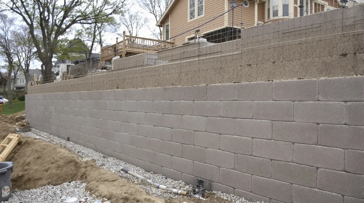 Retaining wall foundation with rebar cage and formwork on a commercial site in Kansas City