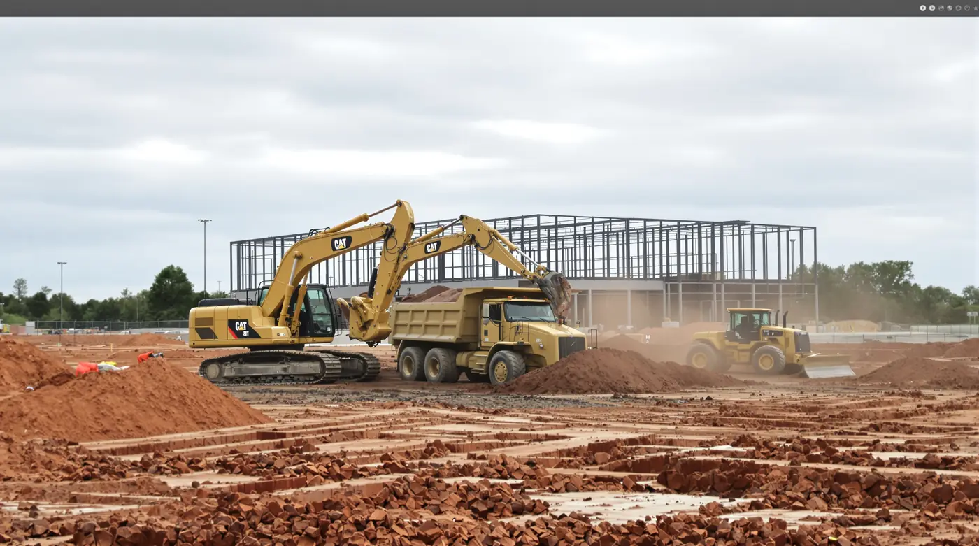 Commercial sitework and site preparation in the Kansas City metro — CAT excavator and dozer on an active commercial pad